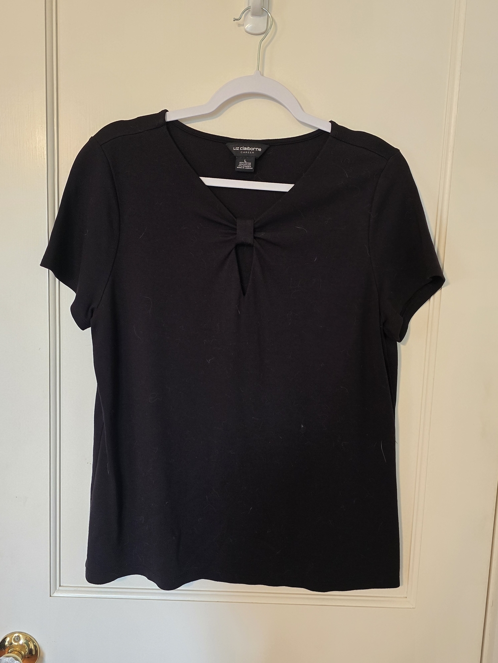 Liz Claiborne Black Short Sleeve Knot-Detail Top